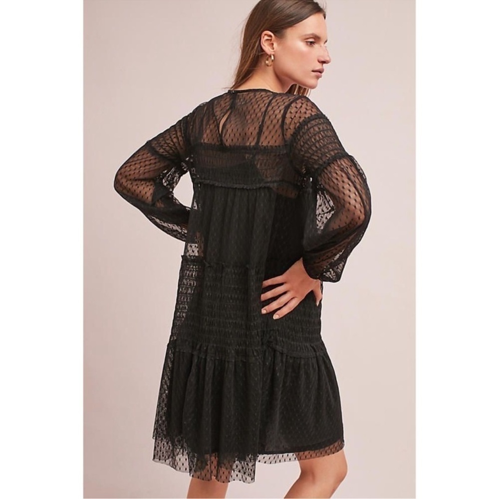 Maeve Anthropologie Womens Black Samara Mesh lace Floral ruffles Dress S boho - Picture 8 of 11